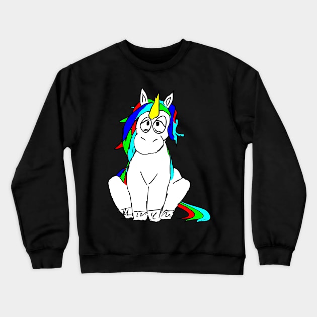 Tired sitting unicorn with frizzy hair Crewneck Sweatshirt by FancyTeeDesigns